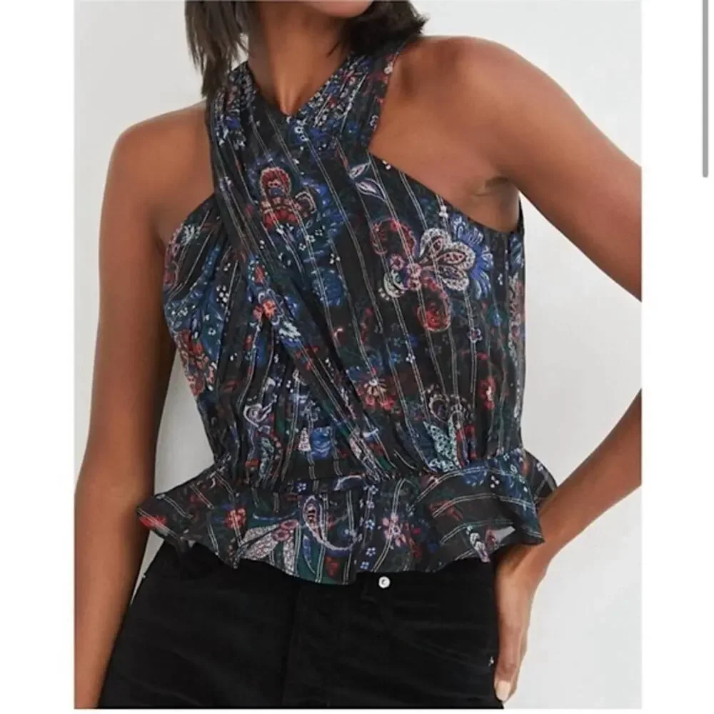 Veronica Beard Womens Silk Metallic Floral Black Open Back Multi Kailani Top 8
